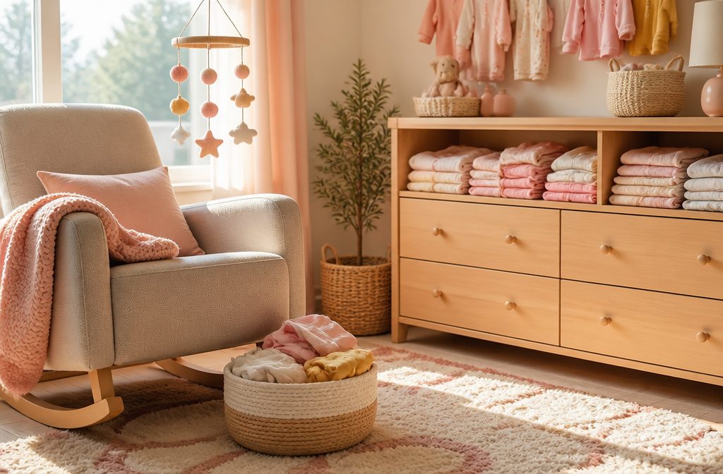 A cozy nursery with a rocking chair and sunlight streaming through a window.