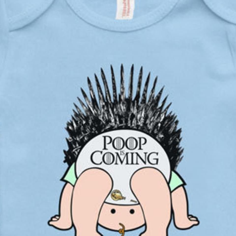 Light blue baby onesie with Poop Is Coming text and Iron Throne graphic.