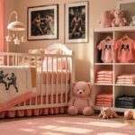 A cozy nursery with soft lighting and UFC-themed decorations.