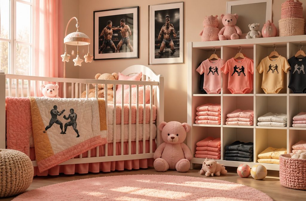 A cozy nursery with soft lighting and UFC-themed decorations.
