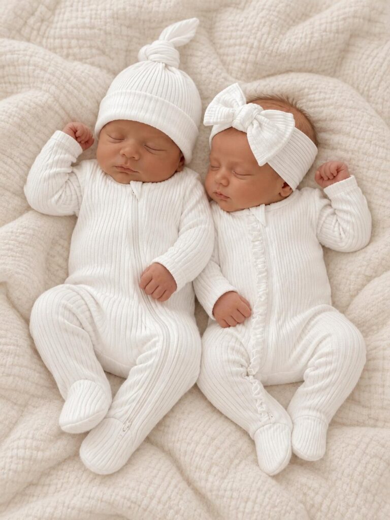 Two newborn babies sleeping in white ribbed sleepers on a white textured blanket
