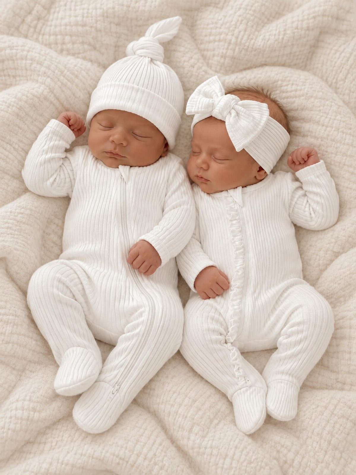 Two newborn babies sleeping in white ribbed sleepers on a white textured blanket