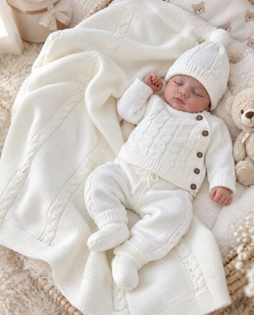 Sleeping newborn baby wearing a white cable-knit outfit and beanie in a basket