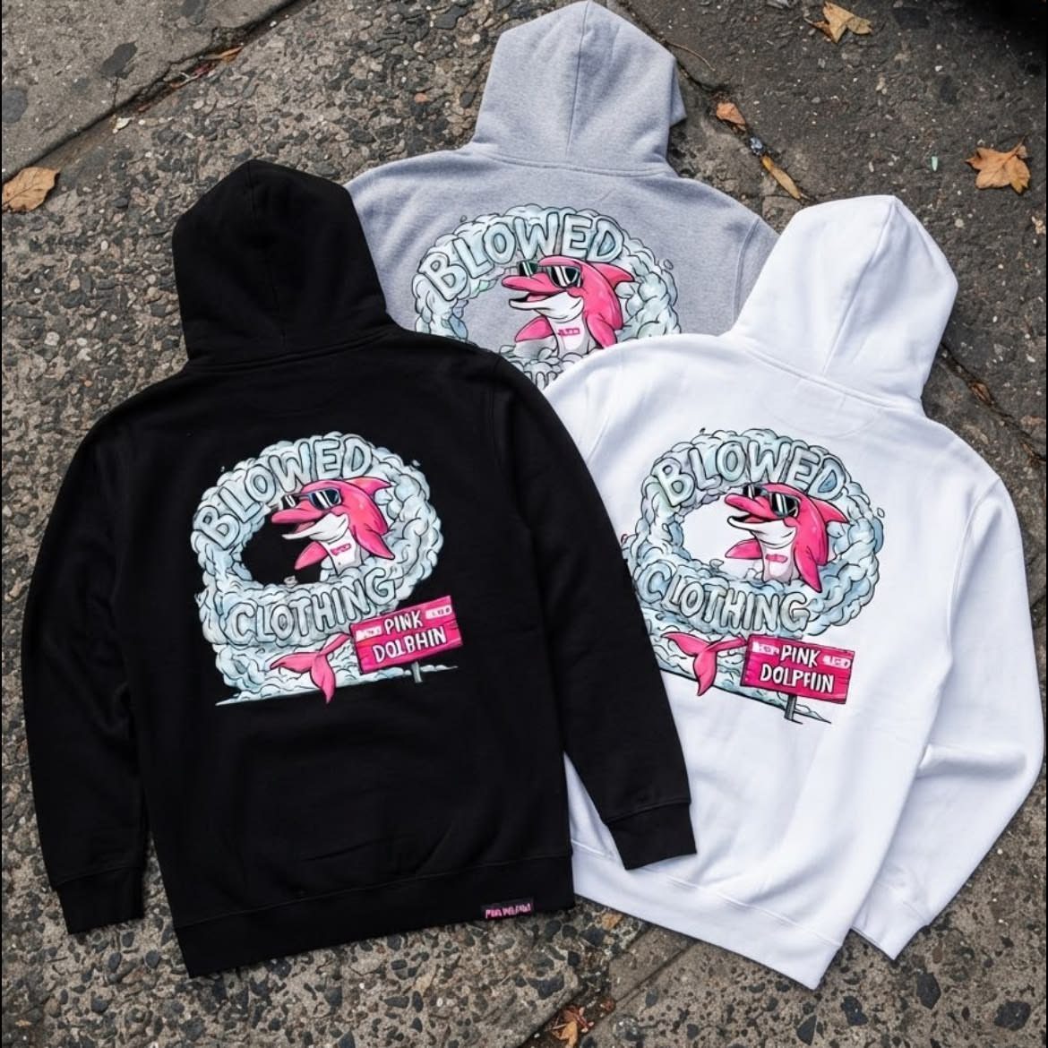 Three hoodies in black, white, and grey featuring a pink dolphin graphic design.