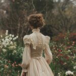 Woman from behind in a cream Victorian dress with corset back in a garden
