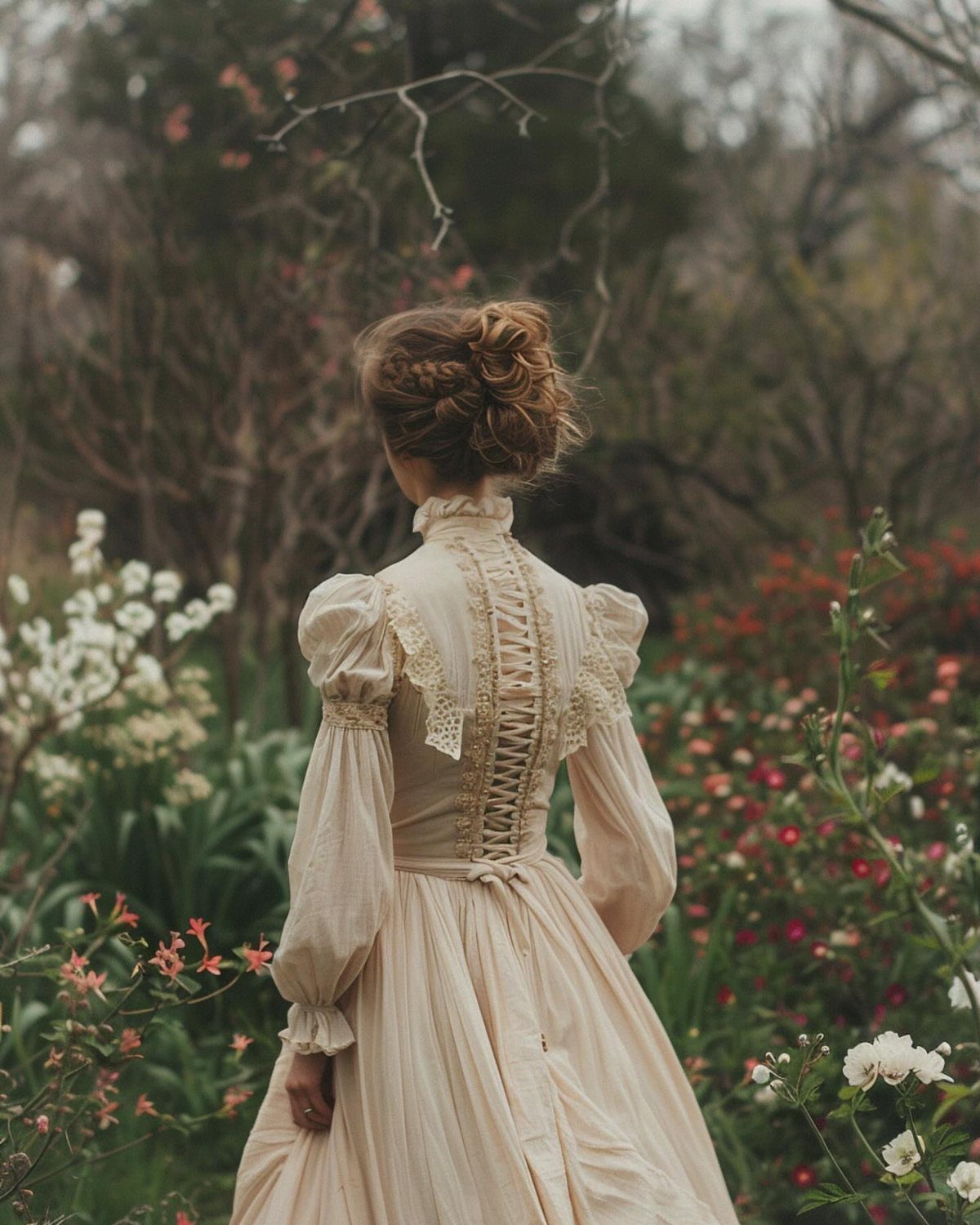Woman from behind in a cream Victorian dress with corset back in a garden